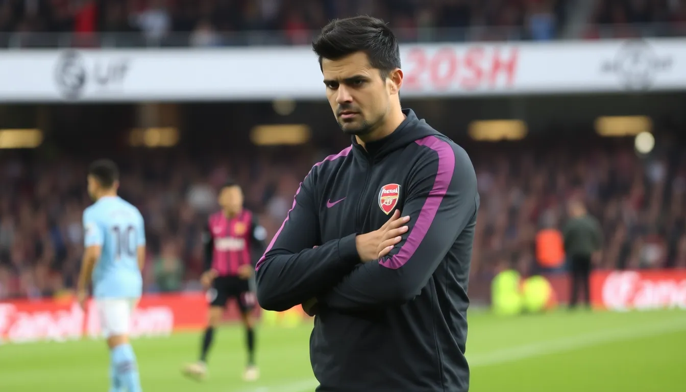 A closeup of an Arsenal player in action, showcasing determination as they attempt to break through Manchester City's defense during the tense match