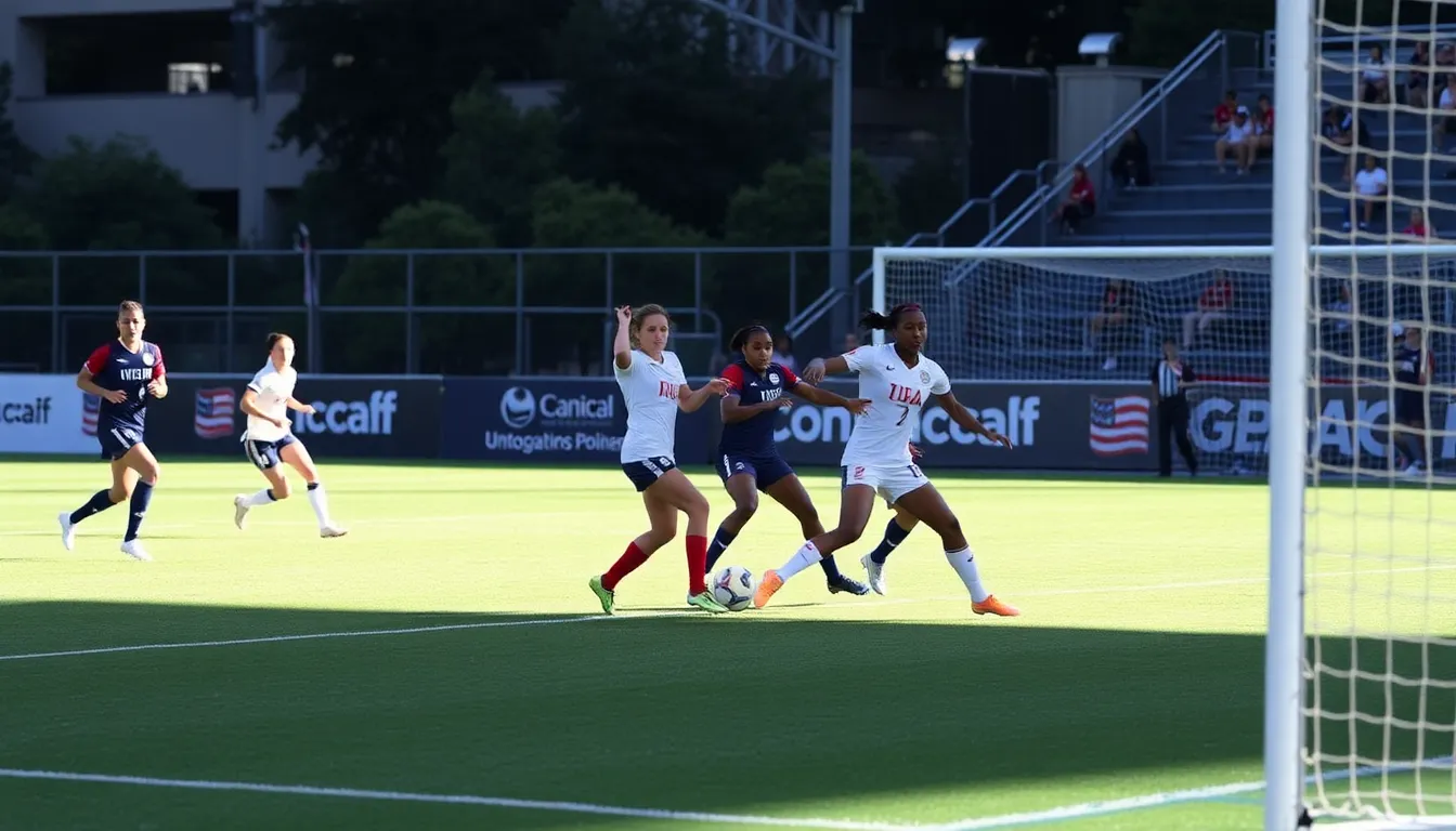 Players from the United States and Canada compete fiercely for possession of the ball during a tense match in the Concacaf W Qualifiers, with fans cheering passionately in the background.