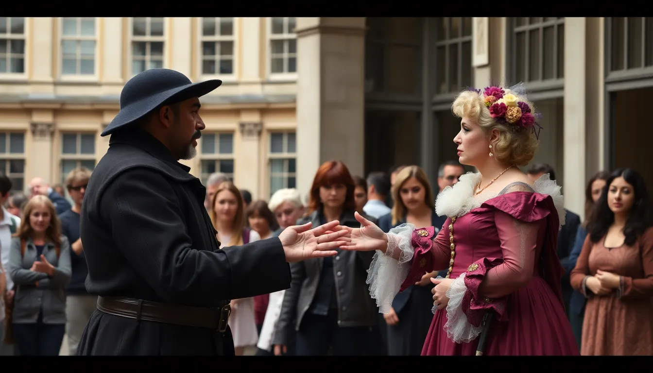 Dowman and Lady Blanche engage in a heated debate during the Bath event, surrounded by an attentive crowd that reflects the community's divided sentiments.