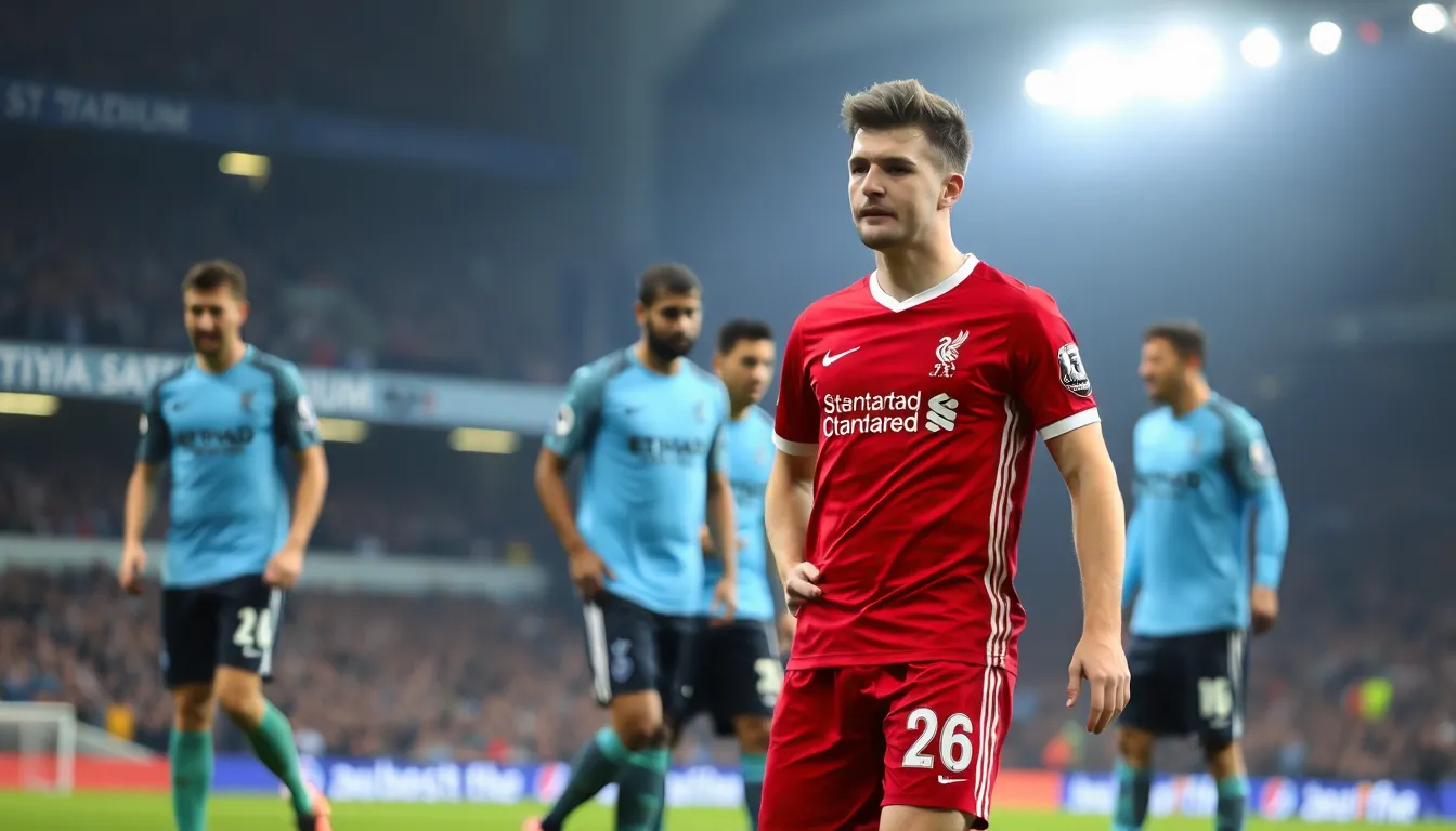 A closeup of Szoboszlai on the pitch, capturing the intensity of his emotions during a crucial match and the scrutiny of his potential as a future captain