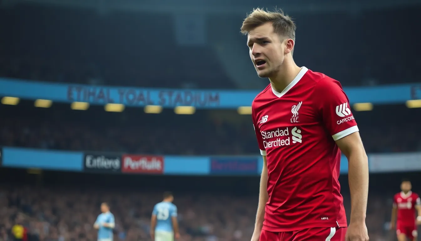 Dominik Szoboszlai is seen on the pitch at the Etihad Stadium, visibly frustrated as he gestures towards the referee during a tense moment in the match against Manchester City.