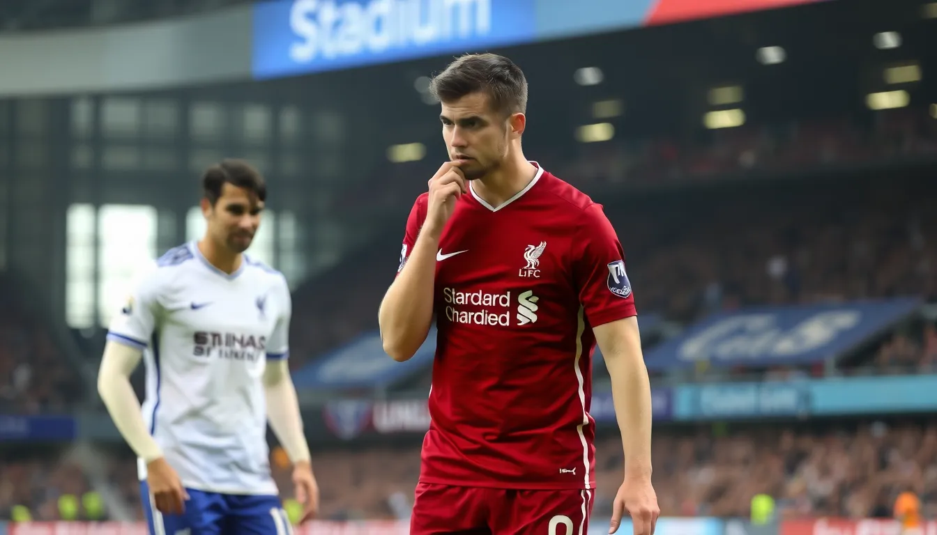 The Liverpool coaching staff discussing strategies on the sidelines, emphasizing the importance of nurturing talent like Szoboszlai while maintaining team discipline