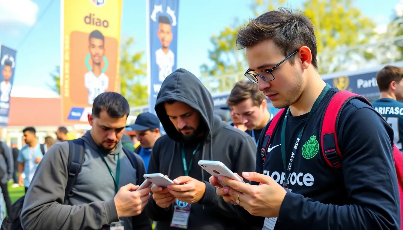 A group of fantasy football managers intensely discusses player statistics and strategies during a league meeting, with charts and laptops open in front of them.