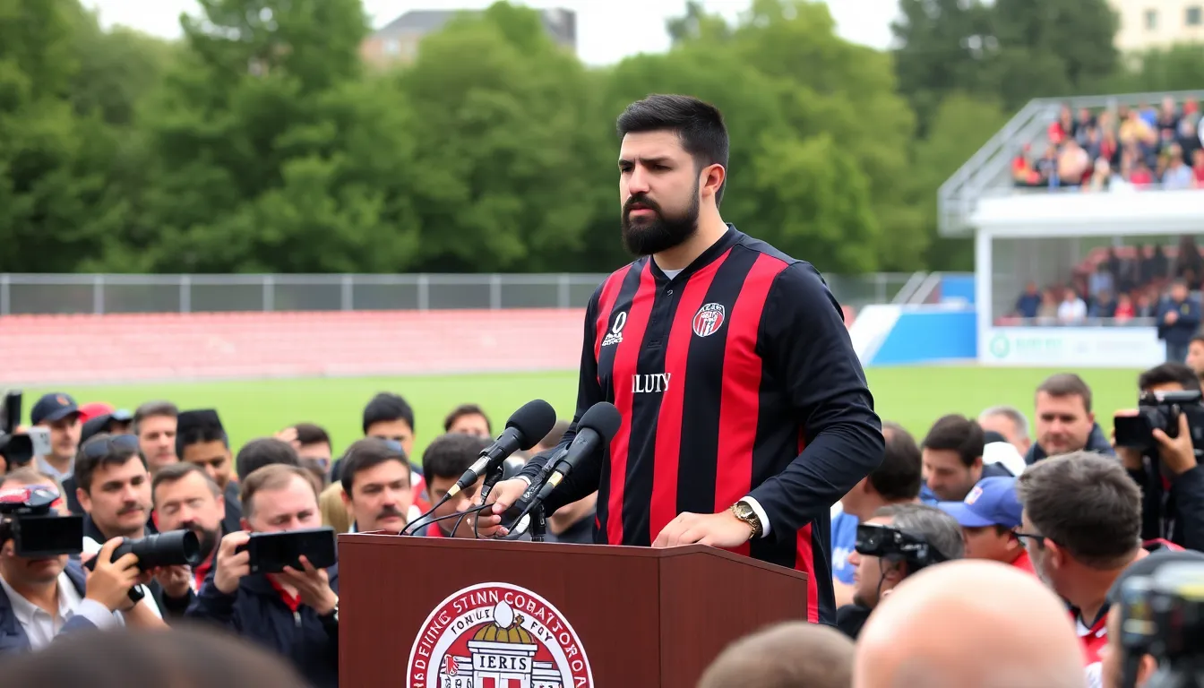 Gennaro Gattuso is seen signing his contract at the club's headquarters, flanked by team officials and holding a club scarf, as he prepares to take on his new coaching role.