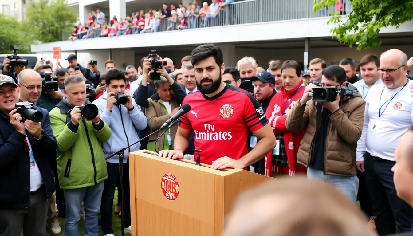 Fans wearing team colors eagerly gathering outside the stadium, anticipating the official announcement of Gattuso as the new head coach