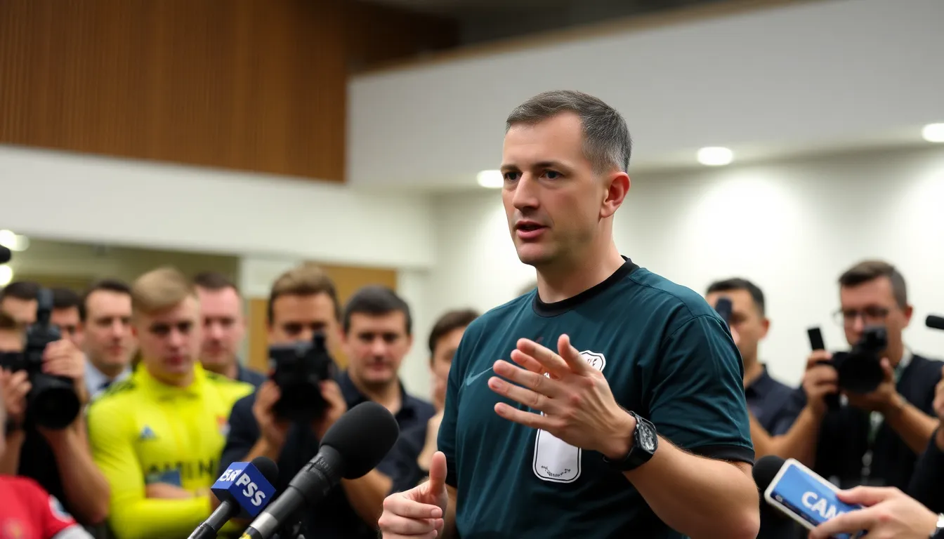 Referee Oliver Glasner stands on the pitch, discussing the controversial goal awarded to Crystal Palace during a tense Premier League match, as players from both teams express their opinions in the background.
