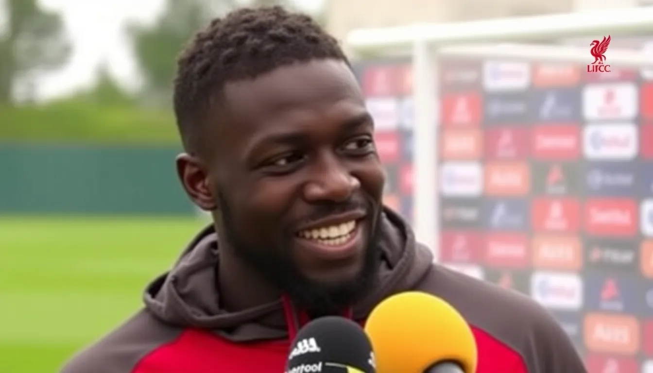 Ibrahima Konate speaks to reporters during a press conference, expressing his commitment to Liverpool and the importance of team unity ahead of an upcoming match.