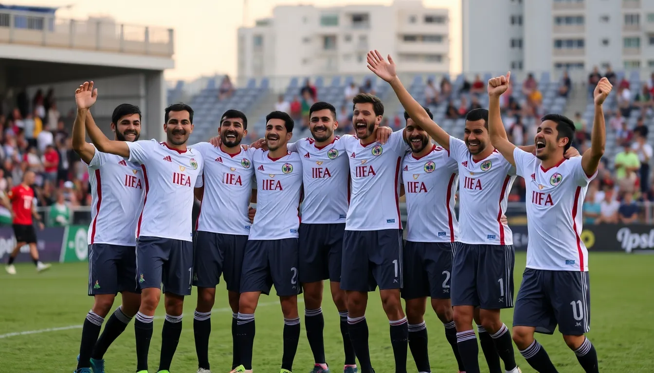 이라크 축구 국가대표팀이 2026 월드컵 아시아 예선에서 볼리비아를 제치고 통과를 확정짓는 순간, 선수들이 기쁨에 차서 서로를 축하하고 있다.