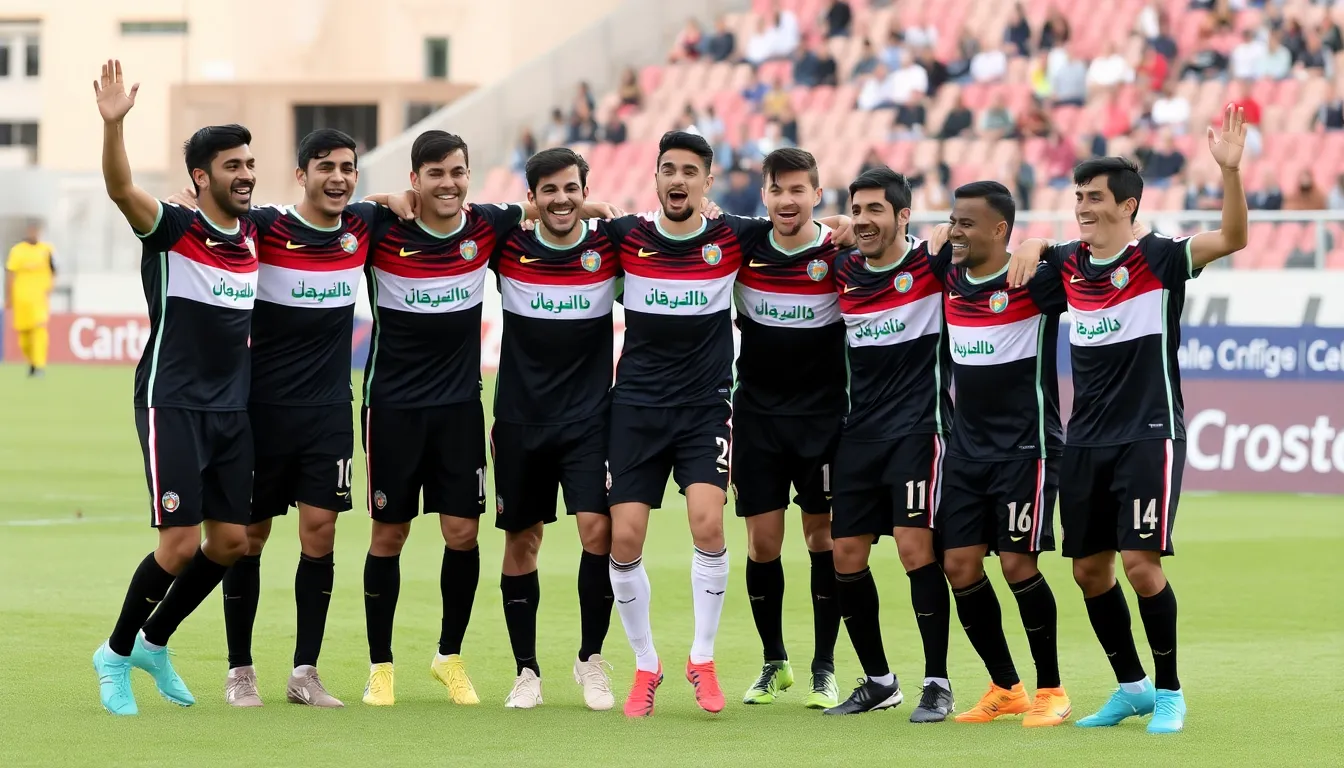 Fans in the stands waving flags and cheering passionately, showcasing the unifying spirit of Iraqi football amidst the nation's challenges