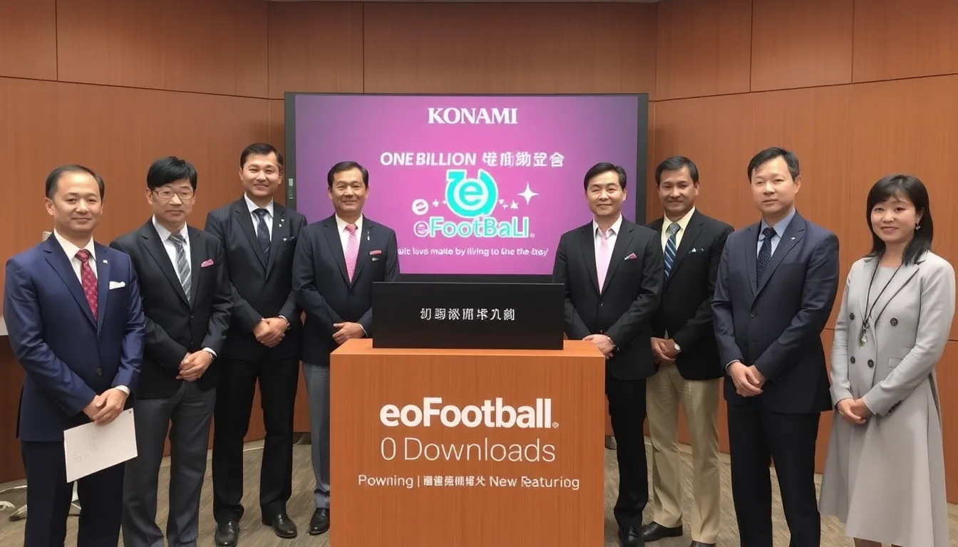 코나미가 eFootball 게임 다운로드 수 10억 회 돌파를 발표하며 새로운 기능 출시를 예고하는 기자회견에서 관계자들이 모여 있는 모습.
