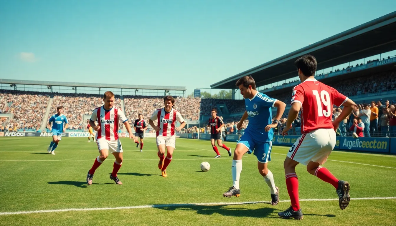 Fans cheer in the stands as La Liga teams take the field wearing retro shirts, celebrating the league's history and tradition during a match.