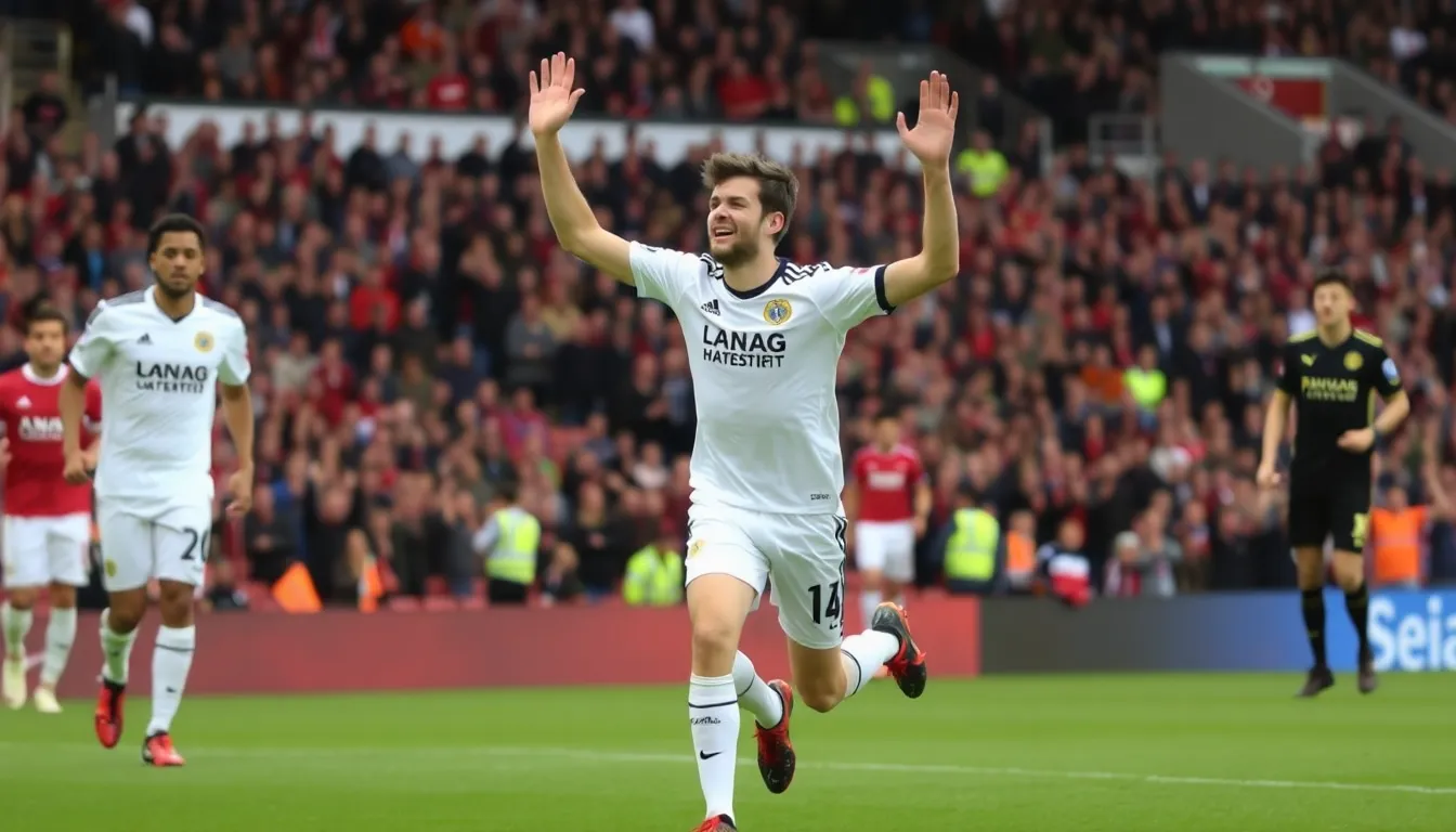 Leeds United players celebrate their surprising 21 victory over Manchester United at Old Trafford, with fans cheering in the background.