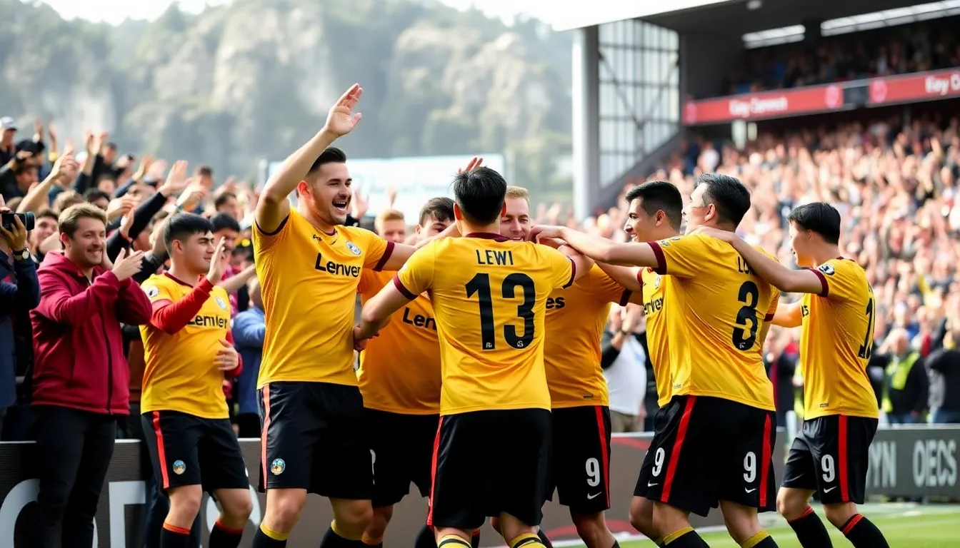 The passionate Lens fan base filling the Stade BollaertDelelis with vibrant colors and chants, creating an electrifying atmosphere during a home match