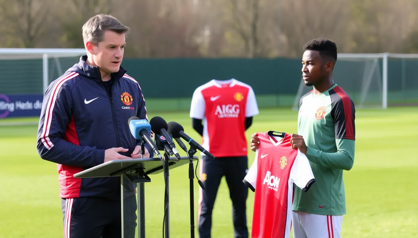 Manchester United manager Michael Carrick speaks to reporters about the progress of contract negotiations for young midfielder Kobbie Mainoo outside the club's training facility.