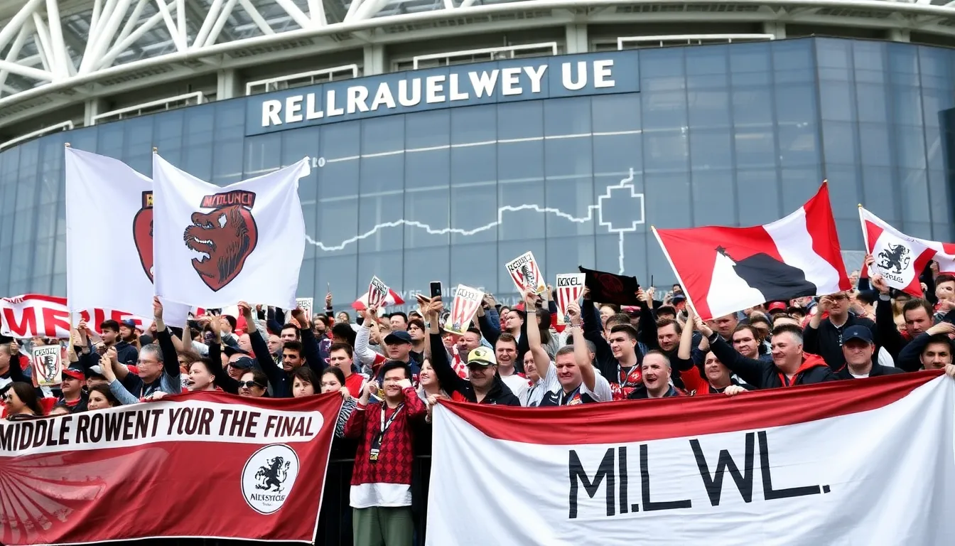 Fans from both Middlesbrough and Millwall passionately cheering for their teams, creating an electric atmosphere filled with anticipation and excitement ahead of the pivotal match