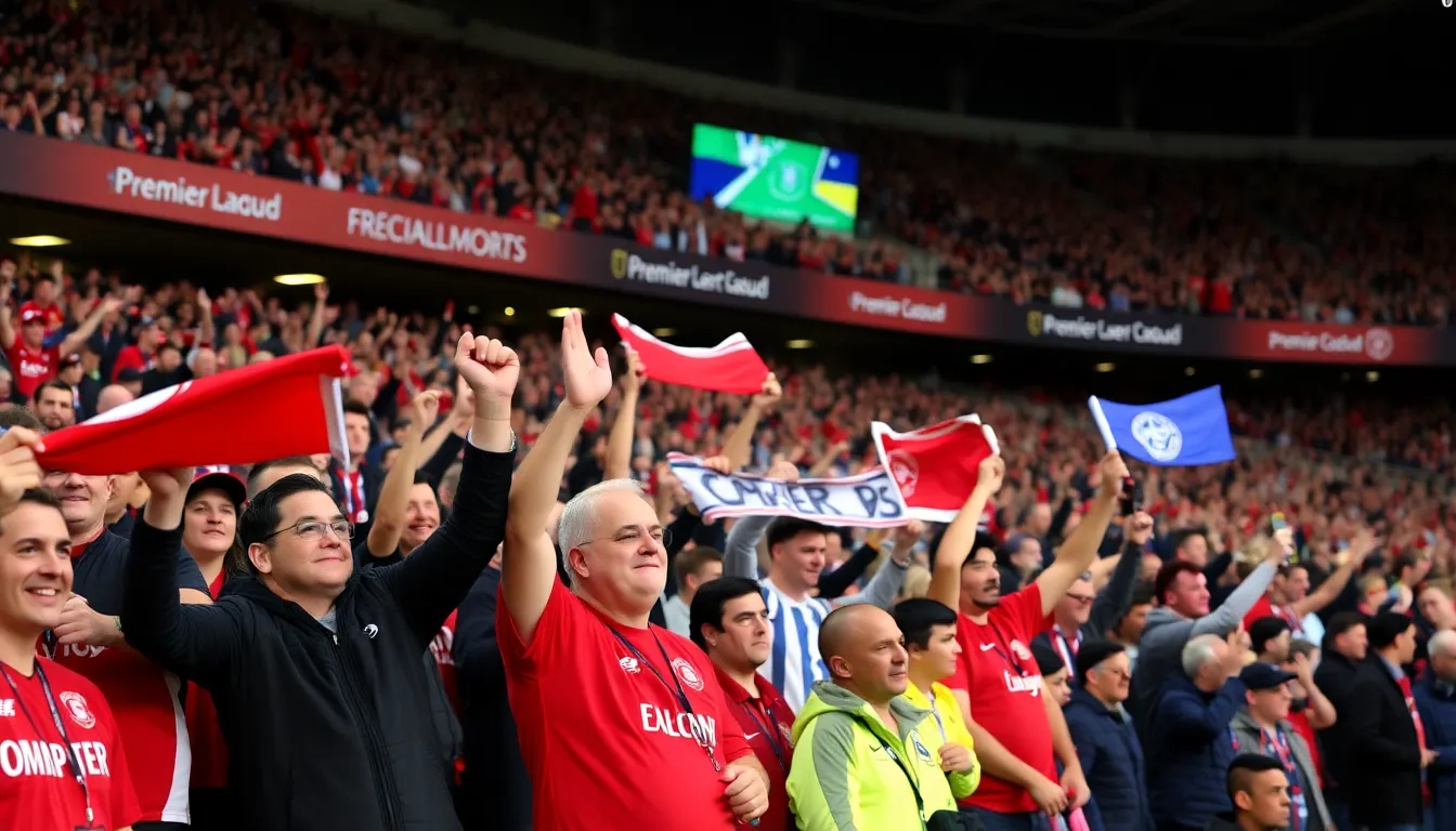 Fans gather outside a stadium, wearing team jerseys and scarves, eagerly anticipating the start of the Premier League and FA Cup semifinals.