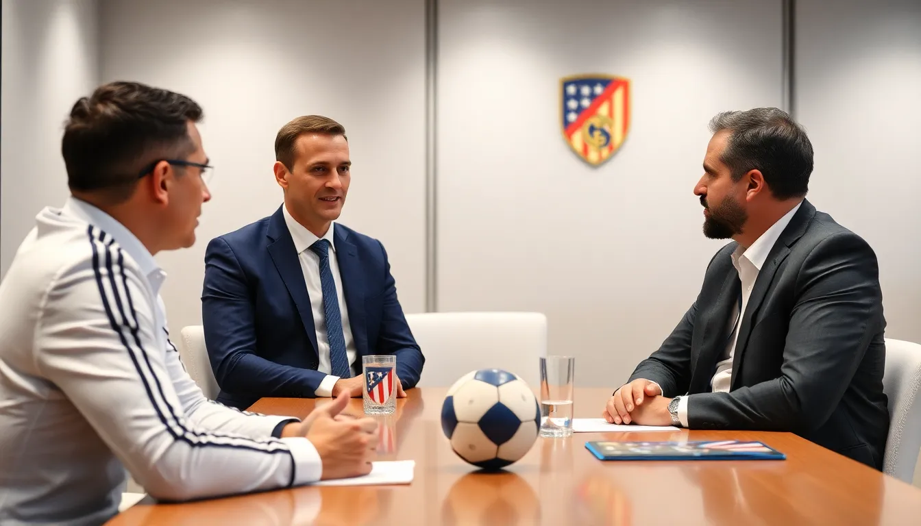 Real Madrid officials are seen discussing the potential implications of breaking their nonaggression pact with city rivals Atlético Madrid amid rising tensions over recent player acquisitions.