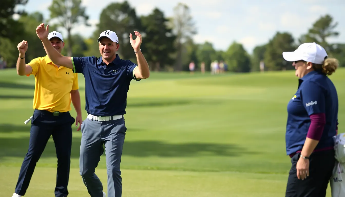 Justin Rose stands on the golf course with a pensive expression, reflecting on his missed opportunities as Scottie Scheffler and Tyrrell Hatton celebrate their successful tournament finishes nearby.