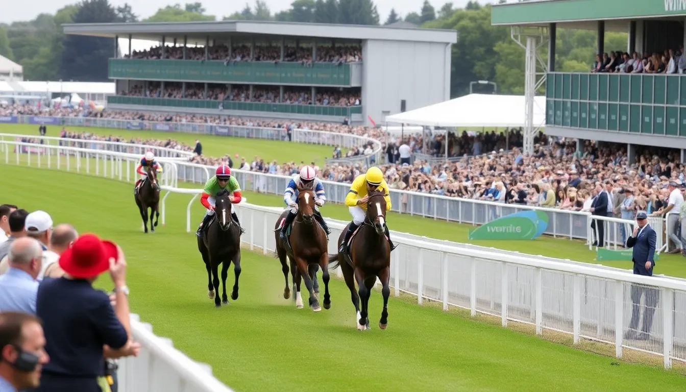 Horses thunder down the track at Chepstow during an afternoon race, with spectators cheering from the stands under a clear blue sky.