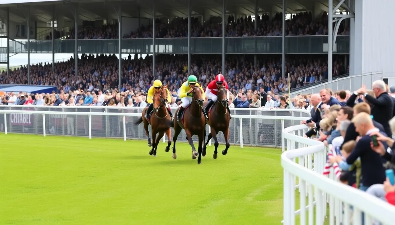 Enthusiastic spectators gather at Yarmouth, eagerly anticipating the start of the flat racing events on a sunny afternoon