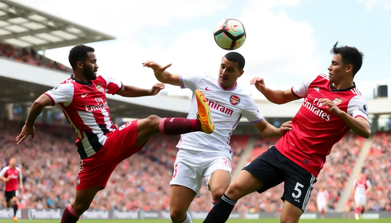 Players from Southampton and Arsenal are engaged in a tense moment during the second half of their Premier League match, with fans cheering passionately in the background.