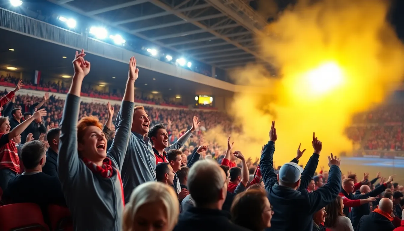 Fans of Nottingham Forest cheering enthusiastically, showcasing their unwavering support for the team during the match
