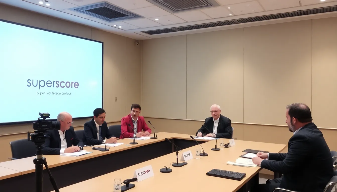 A meeting between Superscore representatives and league officials, discussing future initiatives to enhance the fan experience and league infrastructure