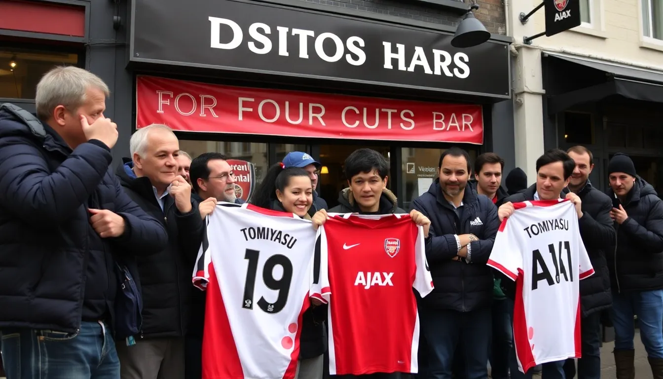 Fans at an Ajax match eagerly discussing the potential signing of Tomiyasu, highlighting the excitement surrounding the transfer news