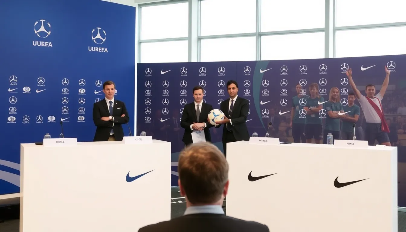 A vibrant promotional event where UEFA and Nike representatives engage with fans, emphasizing the partnership and its benefits for the football community