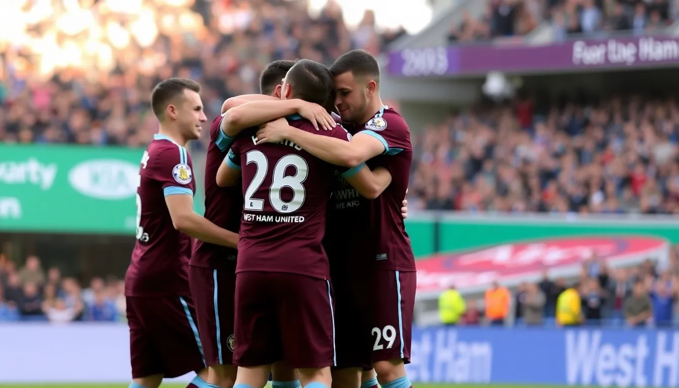 West Ham players celebrate after scoring a goal during their 40 victory over Wolverhampton Wanderers in a Premier League match.