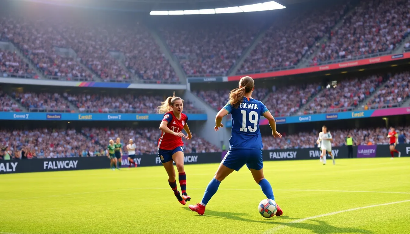 A group of female soccer players celebrates a goal during a match in a packed stadium, showcasing the growing popularity and investment in women's sports.