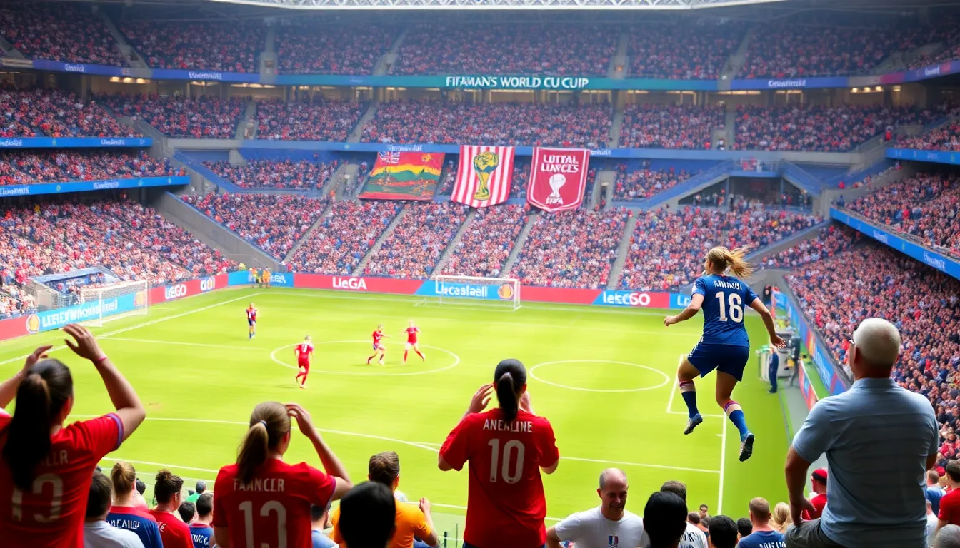 FIFA 여자 월드컵에서 경기를 펼치는 여성 축구 선수들의 역동적인 순간