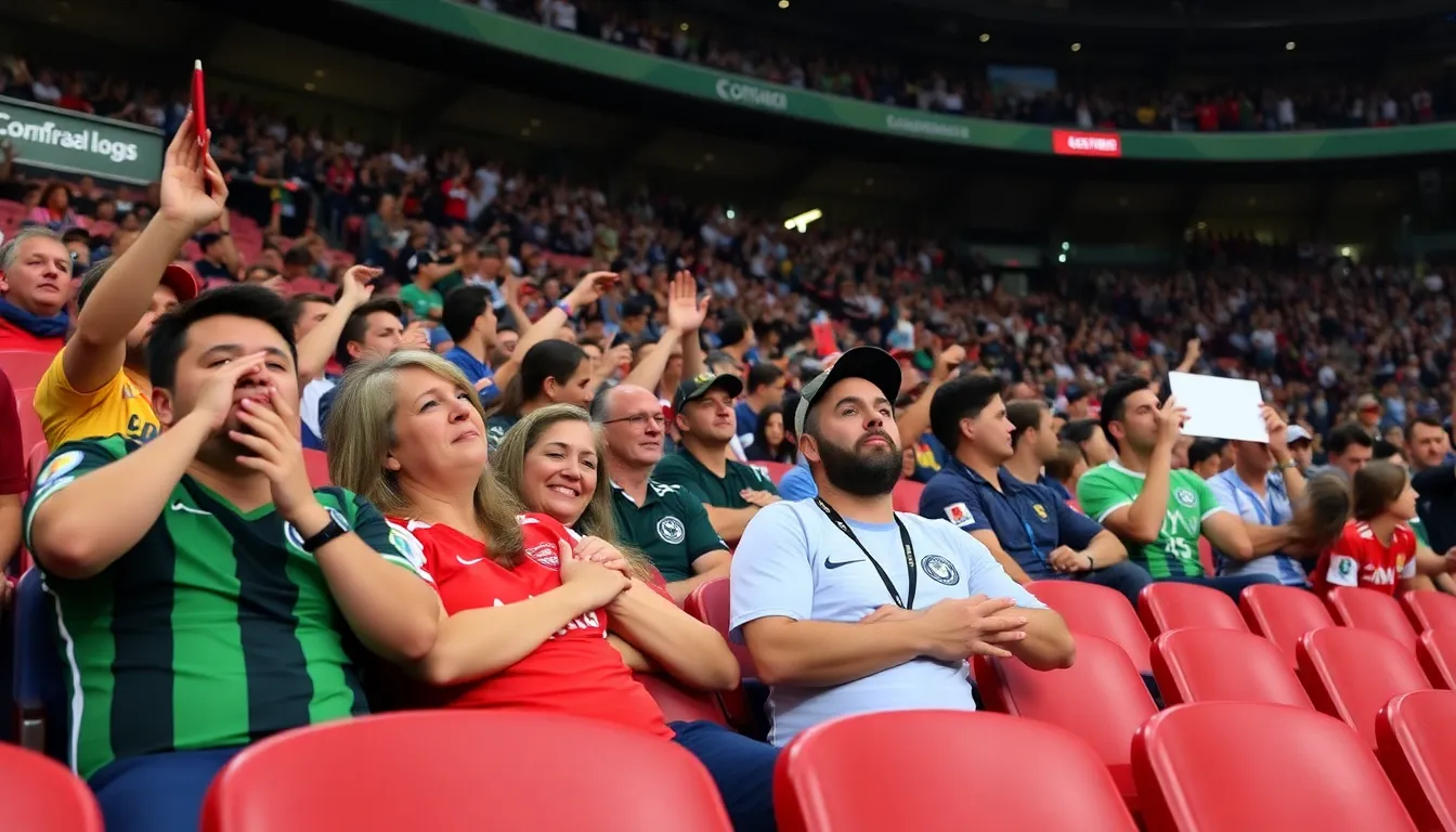 A group of frustrated fans gathers outside a stadium, holding signs and expressing their outrage over FIFA's misleading information about ticket seat locations during the World Cup.