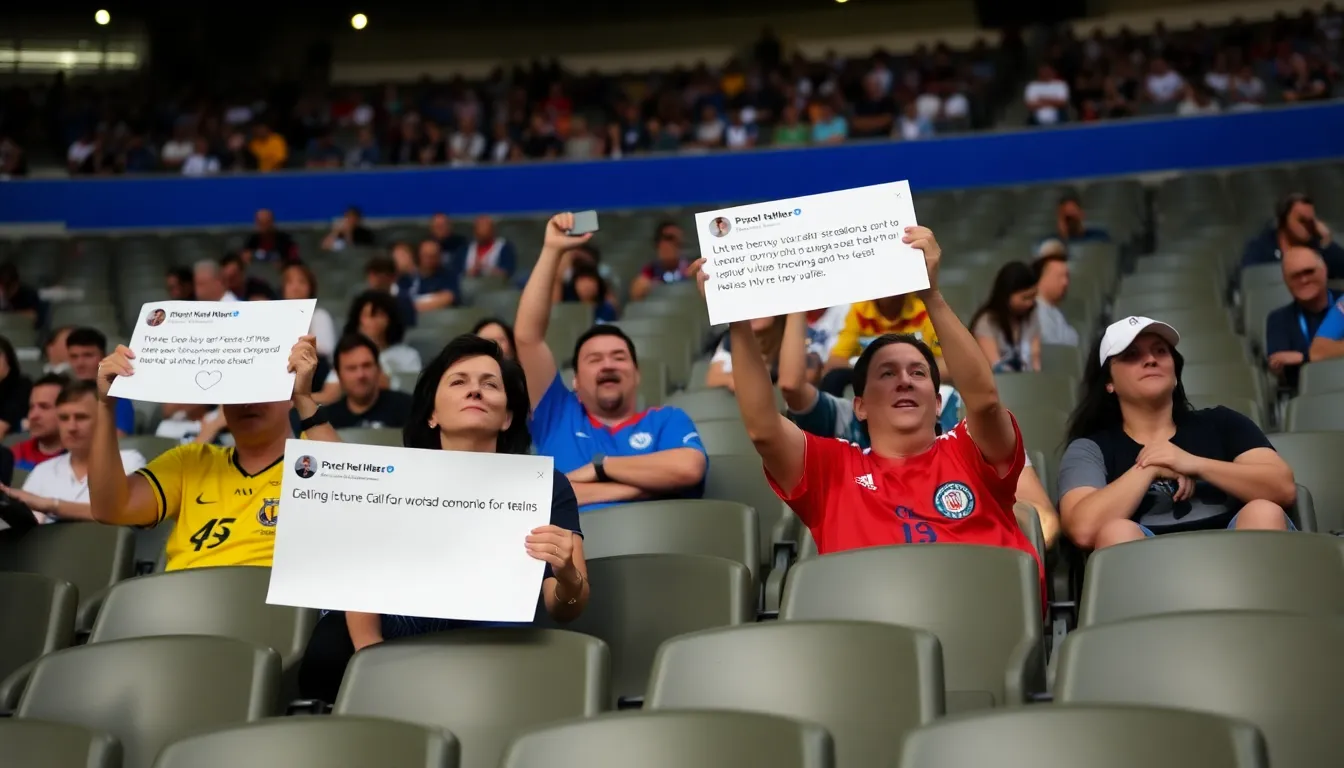 Protesters holding signs demanding accountability from FIFA for the misleading information regarding stadium seating