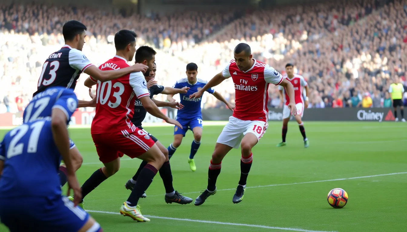 Arsenal players celebrate a goal during their recent match against Manchester United, showcasing their determination in the title race while the backdrop of playoff controversies looms.