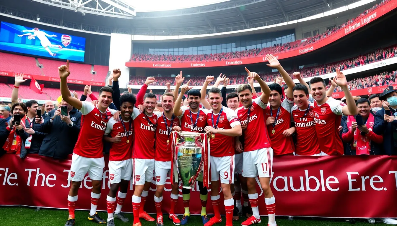 A vibrant crowd of Arsenal fans fills the streets of North London, chanting and singing in celebration of their team's success