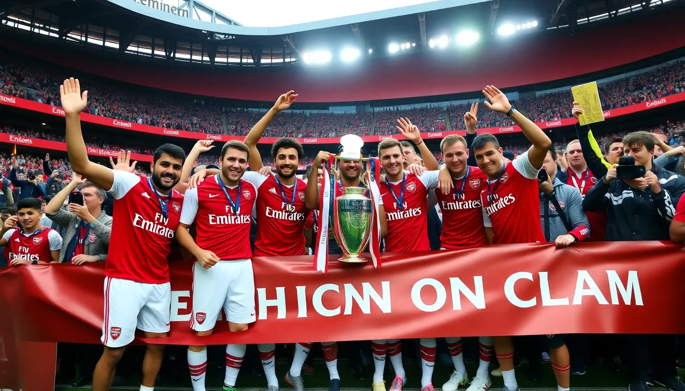 Arsenal players and fans celebrate together outside the Emirates Stadium, joyfully singing and waving flags after the team's Premier League championship victory.