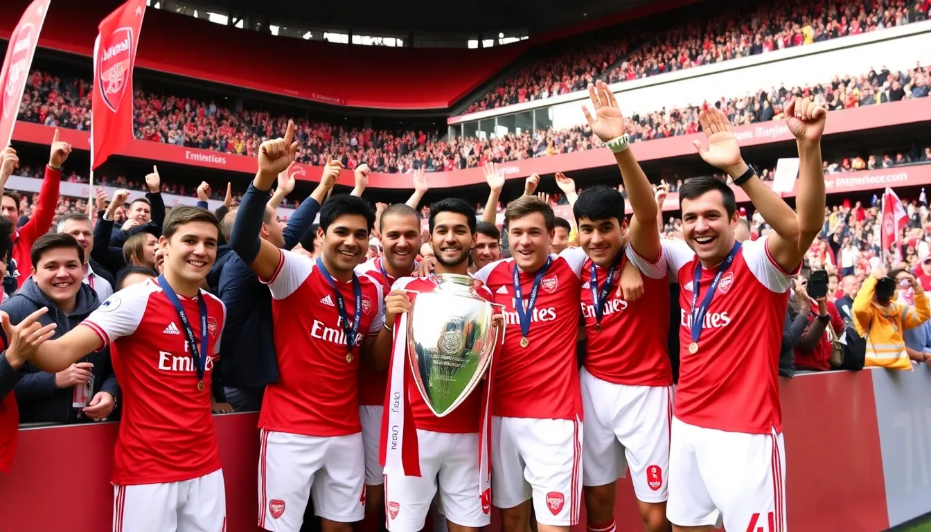 Supporters gather at the Emirates Stadium, waving flags and sharing in the electric atmosphere of the postmatch victory party