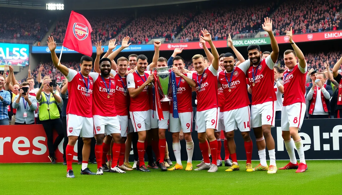 A closeup of ecstatic fans wearing Arsenal jerseys, their faces filled with pride and joy as they commemorate the team's triumph