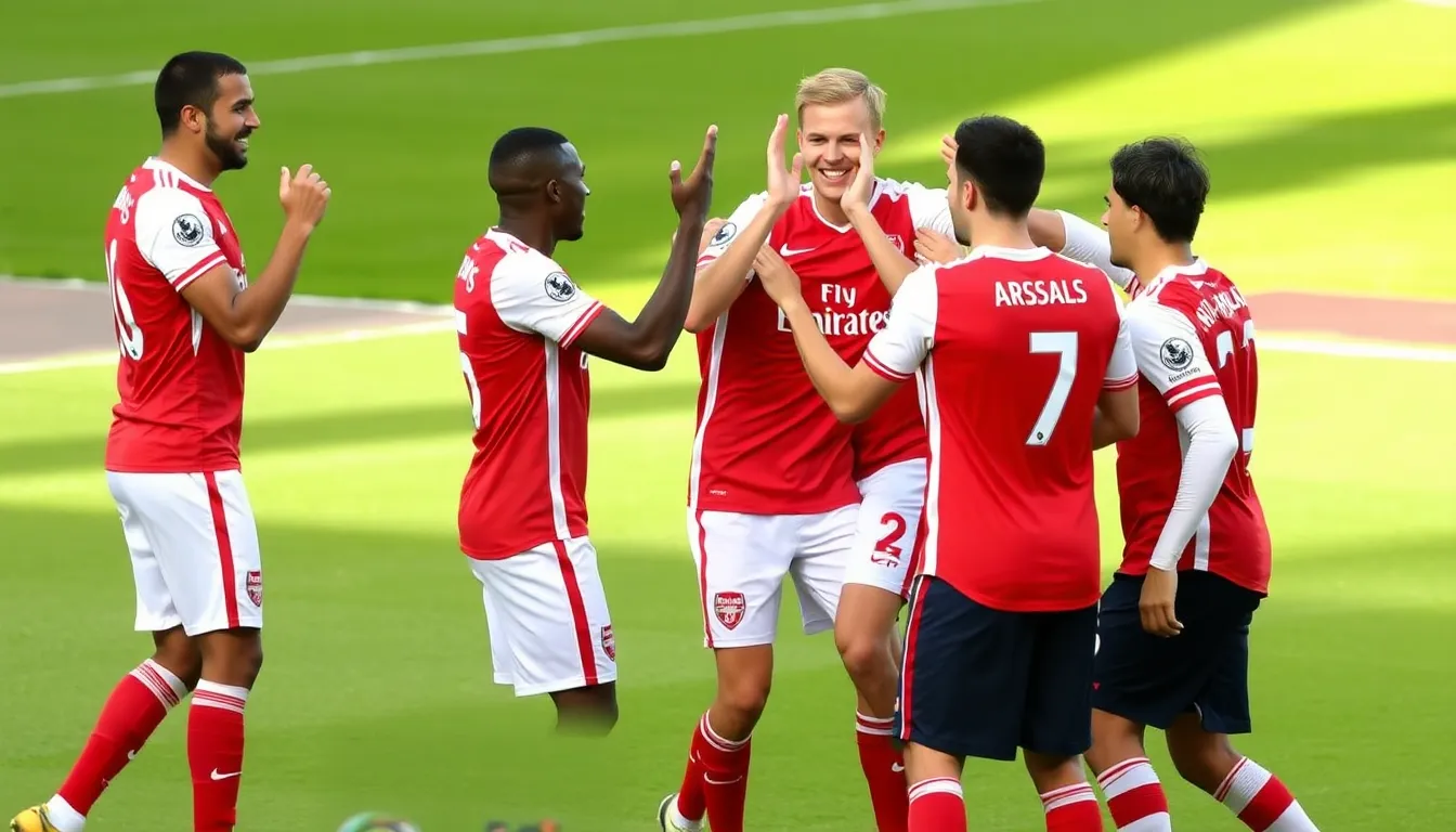 Arsenal players celebrate a goal during their recent match, showcasing their determination and teamwork as they push for the Premier League title.