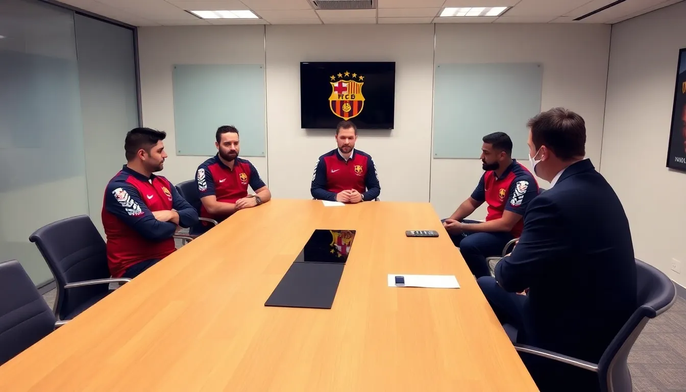 Barcelona FC's management is seen in a tense meeting as they strategize on securing a star player before the transfer window closes.