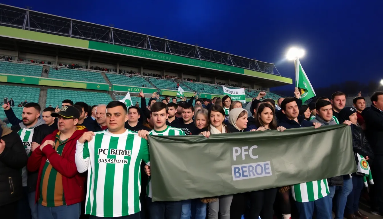 Fans of PFC Beroe gather outside the stadium, displaying banners and expressing their disappointment over the club's denial of a professional license due to insolvency issues.