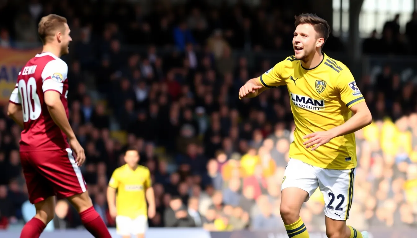 A tense moment on the pitch as Burnley struggles to defend against Leeds' attacking play, showcasing the intensity of the relegation battle