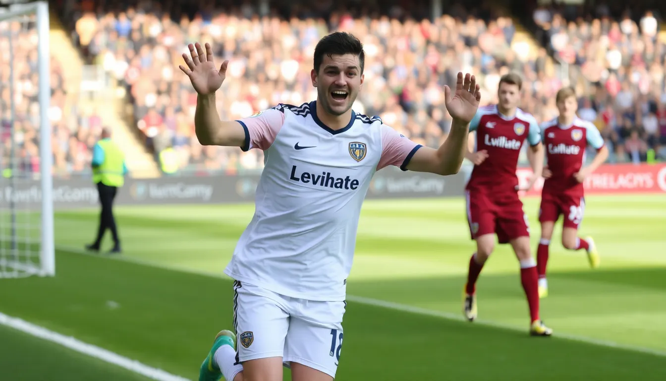 Fans of Leeds United cheering passionately in the stands, celebrating their team's vital win that boosts their hopes of staying in the Premier League