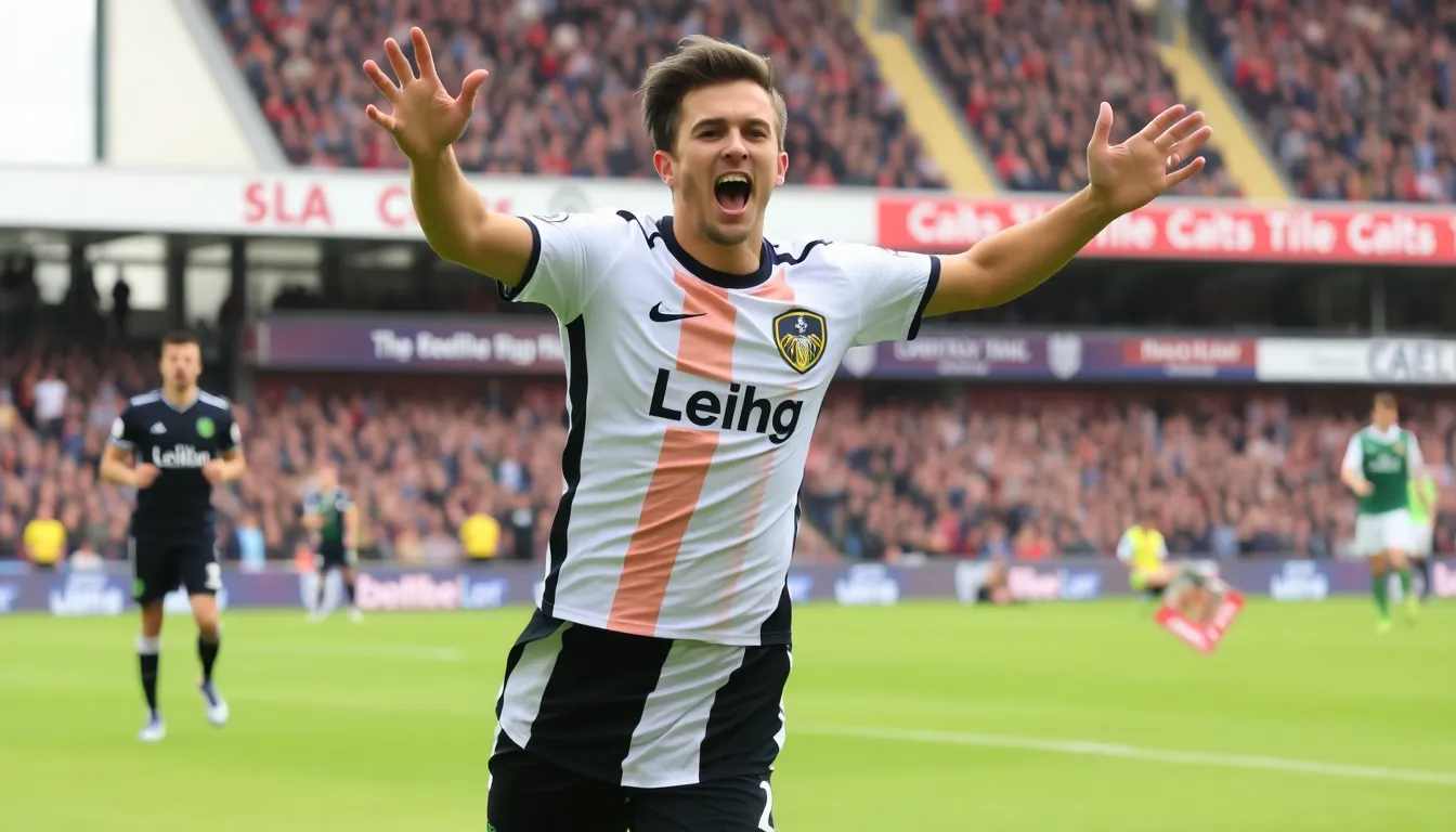 Dominic CalvertLewin celebrates after scoring one of his two goals during Leeds United's 30 victory over Burnley at Elland Road, boosting the team's hopes of avoiding relegation.