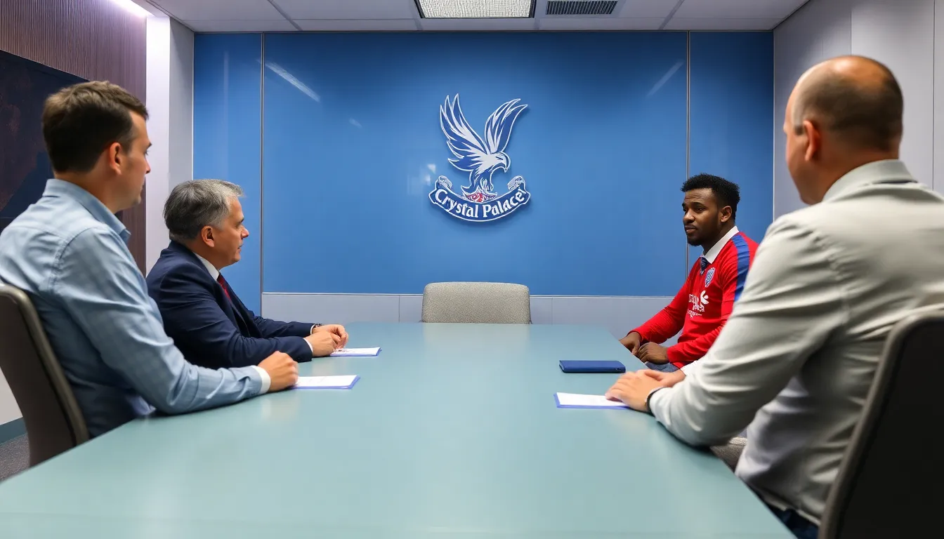 Crystal Palace officials are seen in a meeting room discussing strategies to secure Andoni Iraola as their new head coach ahead of the upcoming Premier League season.