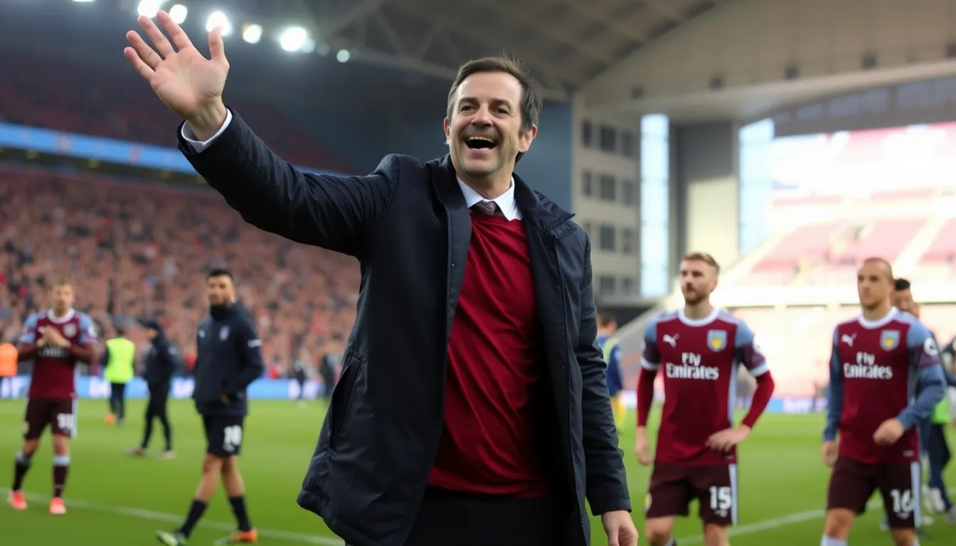 Aston Villa players celebrating on the pitch after securing a hardfought victory, showcasing their unity and joy
