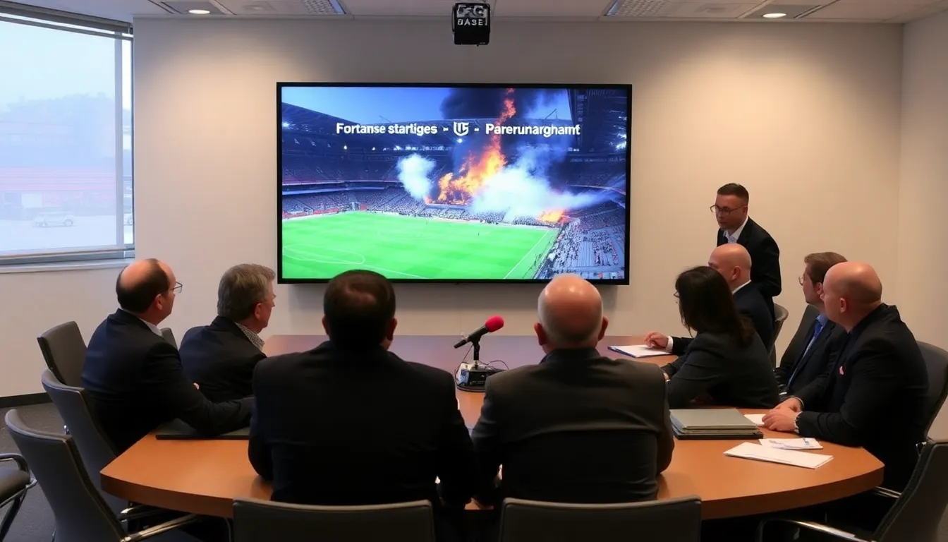 Emergency responders investigating the site of the fire, highlighting the urgency of ensuring safety in sports venues