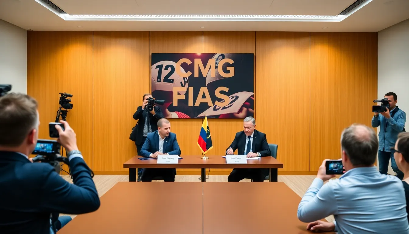 FIFA executives and CMG representatives shake hands during the announcement of their  million broadcasting agreement in a conference room filled with reporters.