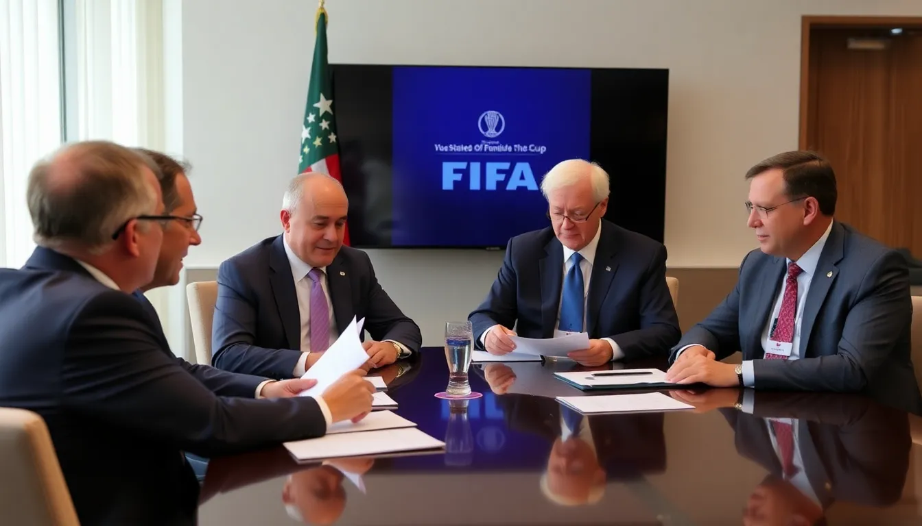 A group of officials from FIFA and representatives of the cohost nations celebrate the announcement of federal tax exemptions for the 2026 World Cup during a press conference.